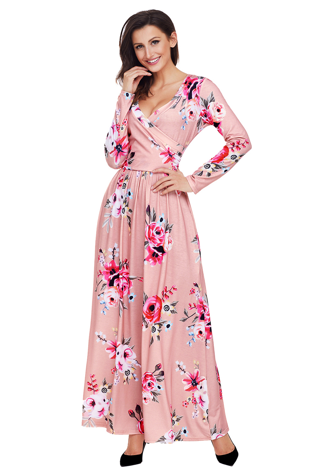 BY61772-10 Mauve Floral Surplice Long Sleeve Maxi Boho Dress